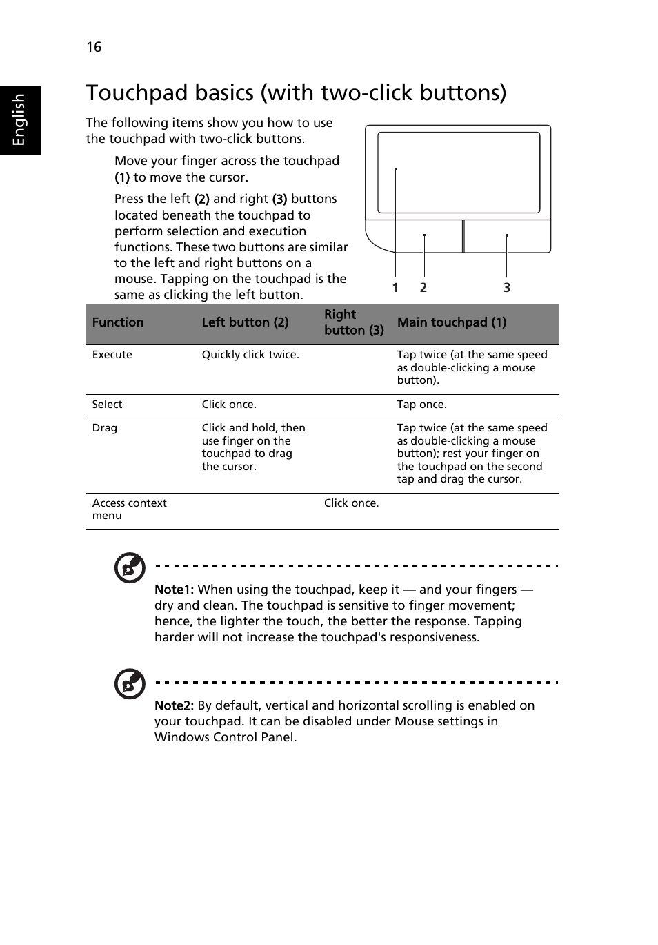 Touchpad basics (with two-click buttons), English | Acer TravelMate 4730G User Manual | Page 36 / 90