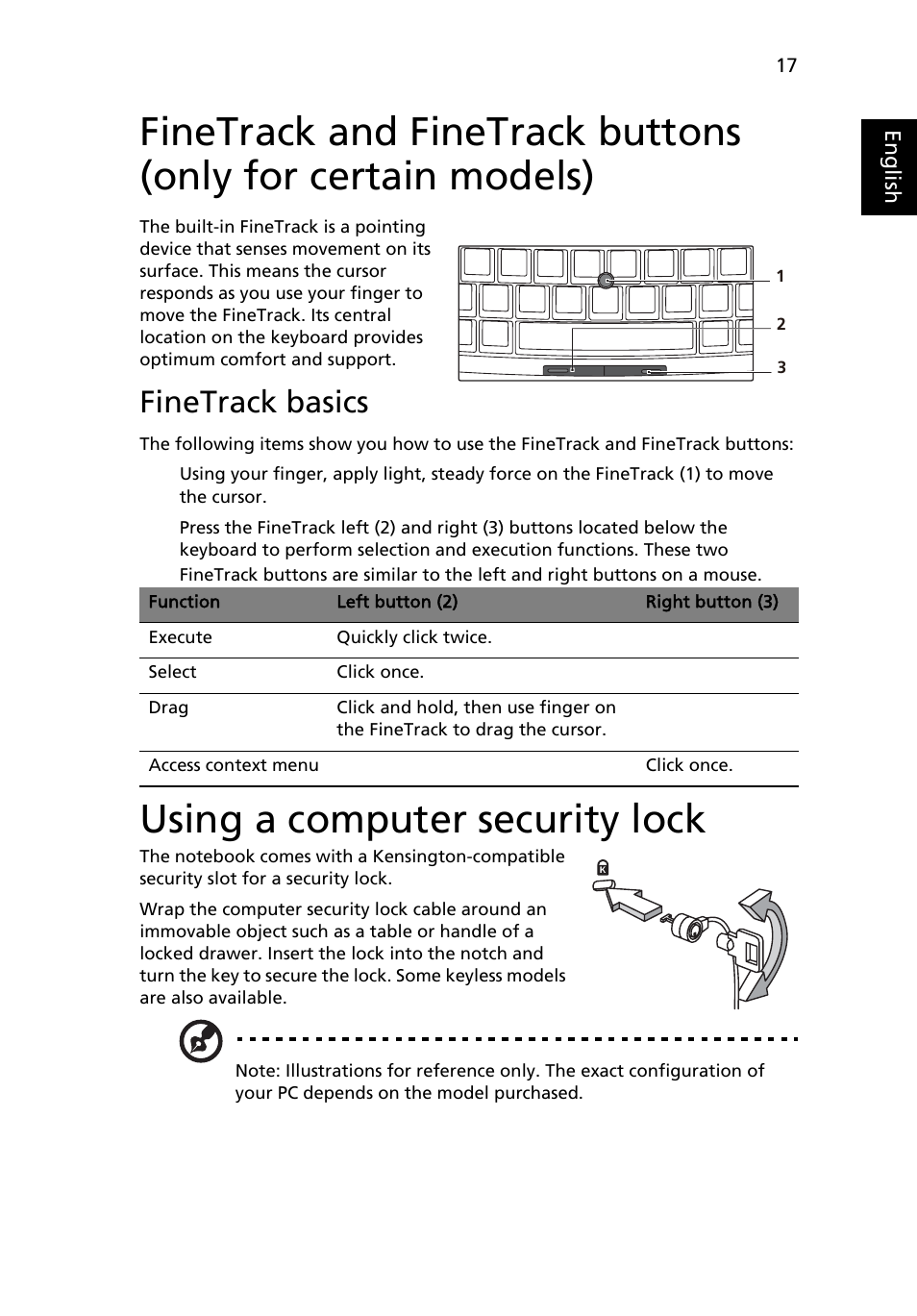 Finetrack basics, Using a computer security lock | Acer TravelMate 4730G User Manual | Page 37 / 90