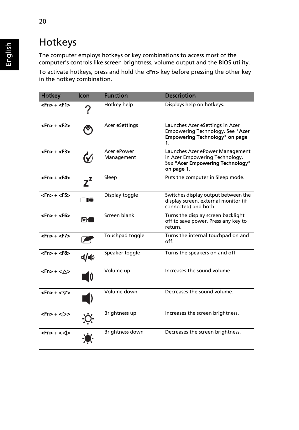 Hotkeys, English | Acer TravelMate 4730G User Manual | Page 40 / 90