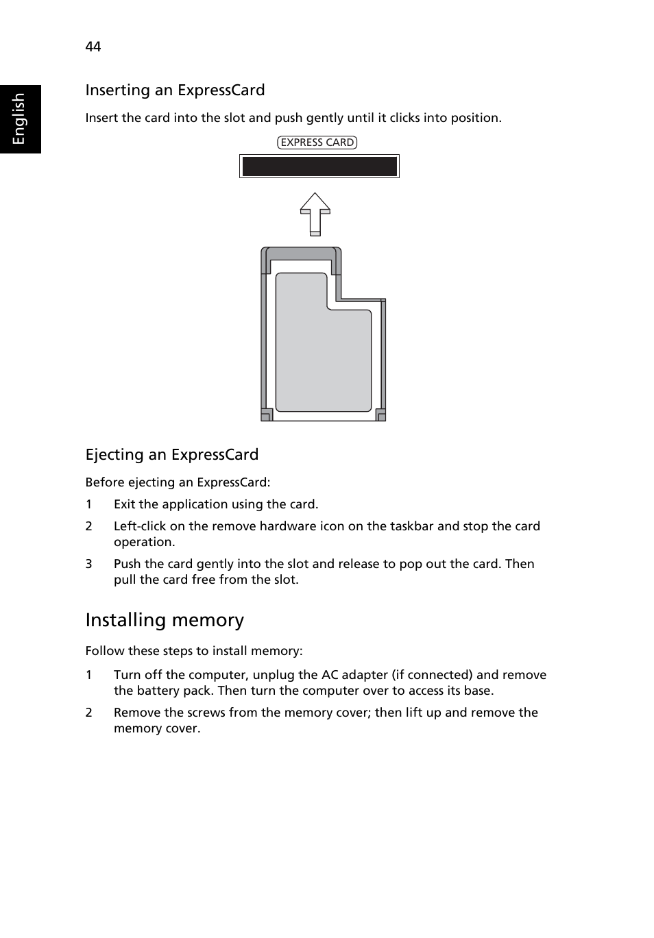 Installing memory | Acer TravelMate 4730G User Manual | Page 64 / 90