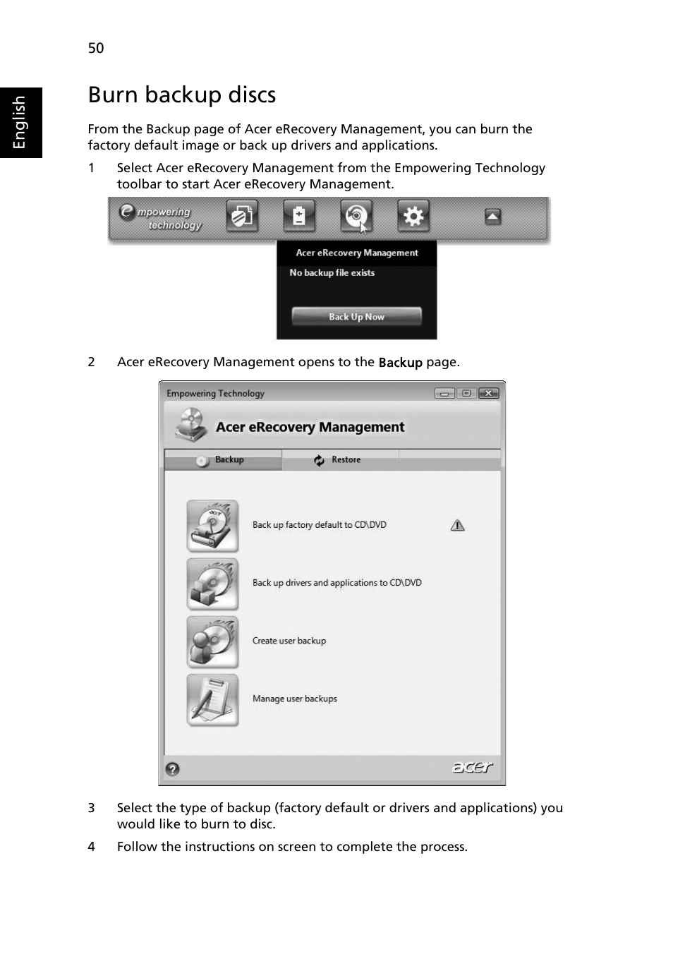 Burn backup discs | Acer TravelMate 4730G User Manual | Page 70 / 90