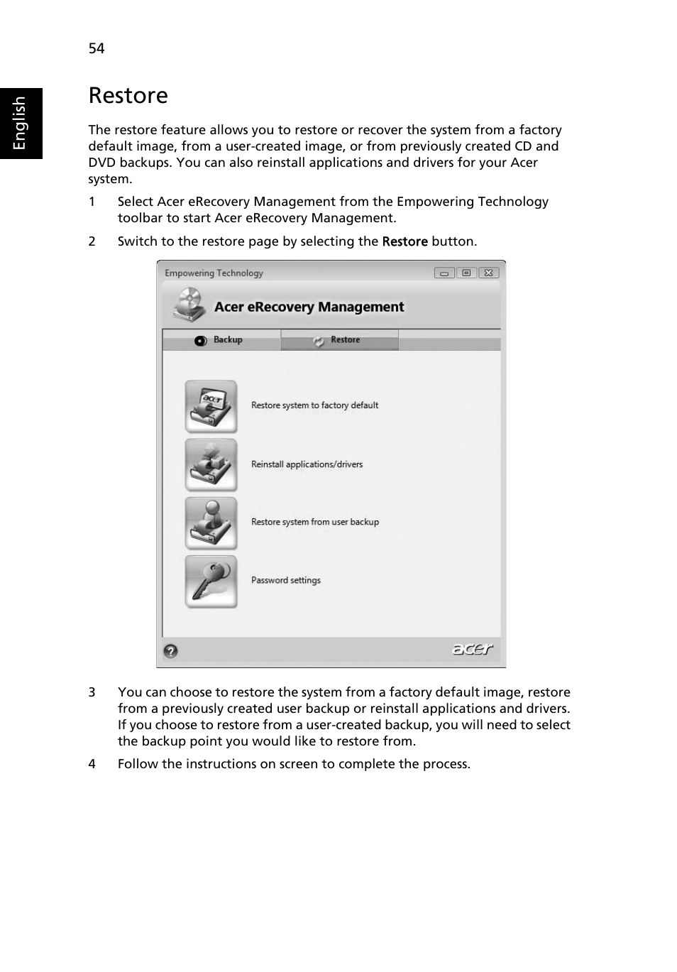 Restore | Acer TravelMate 4730G User Manual | Page 74 / 90