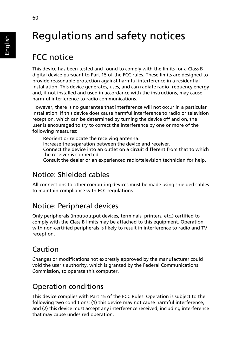 Regulations and safety notices, Fcc notice, Notice: shielded cables | Notice: peripheral devices, Caution, Operation conditions | Acer TravelMate 4730G User Manual | Page 80 / 90