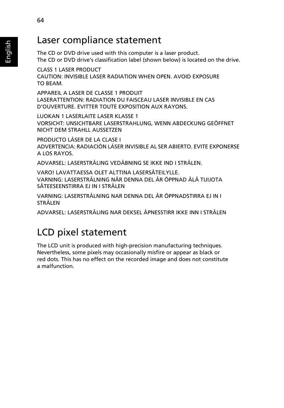 Laser compliance statement, Lcd pixel statement, Radio device regulatory notice | Acer TravelMate 4730G User Manual | Page 84 / 90