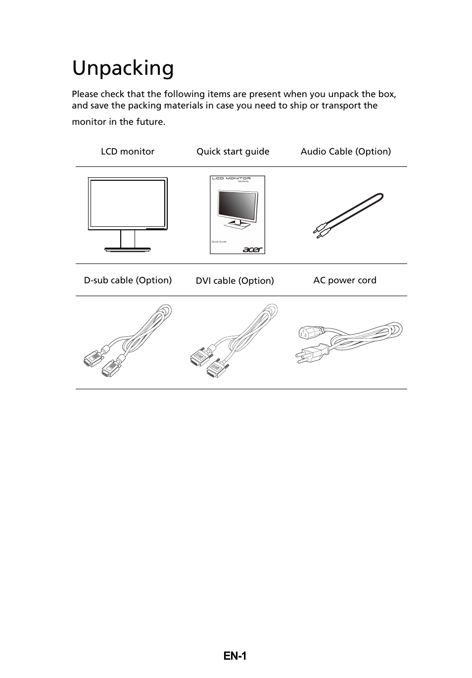 Unpacking | Acer B206HQL User Manual | Page 13 / 28