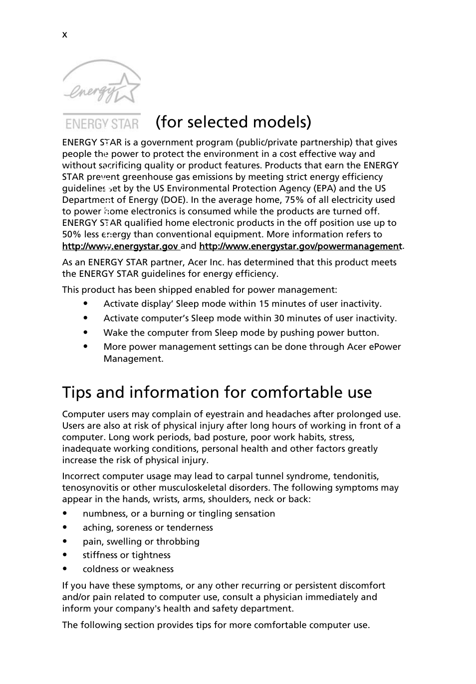 Tips and information for comfortable use, For selected models) | Acer Aspire 5720Z User Manual | Page 10 / 119