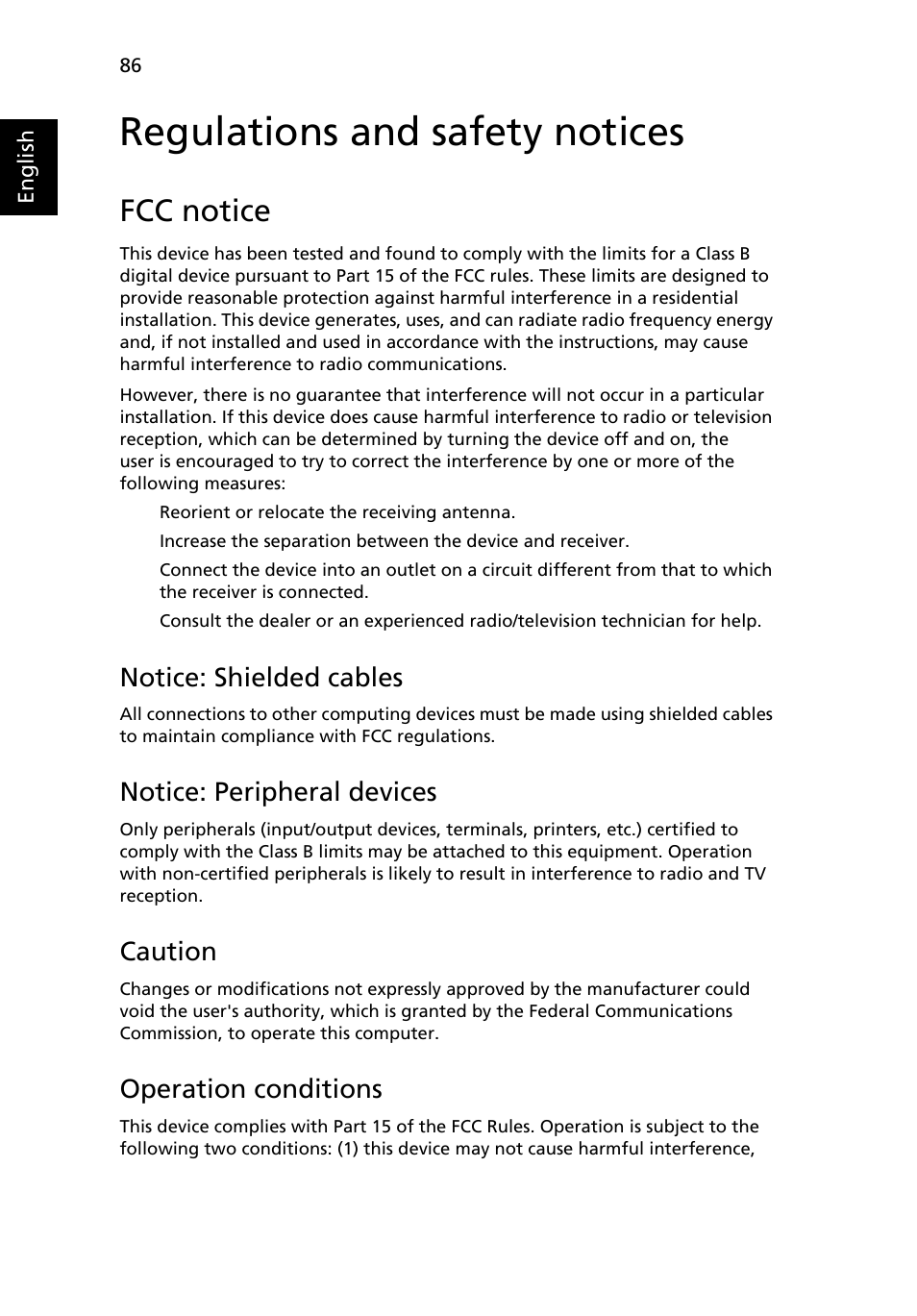 Regulations and safety notices, Fcc notice, Notice: shielded cables | Notice: peripheral devices, Caution, Operation conditions | Acer Aspire 5720Z User Manual | Page 106 / 119