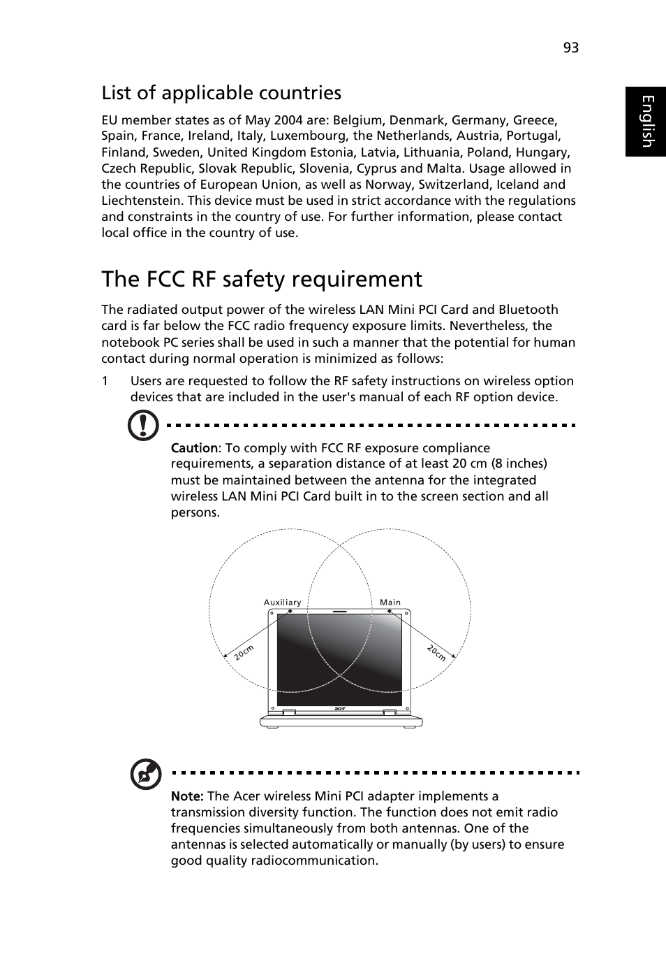 The fcc rf safety requirement, List of applicable countries | Acer Aspire 5720Z User Manual | Page 113 / 119
