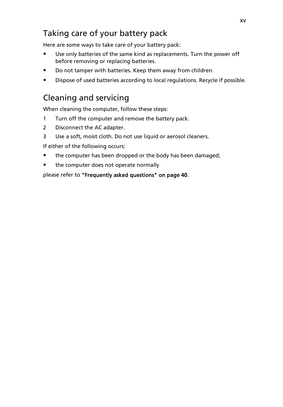 Taking care of your battery pack, Cleaning and servicing | Acer Aspire 5720Z User Manual | Page 15 / 119