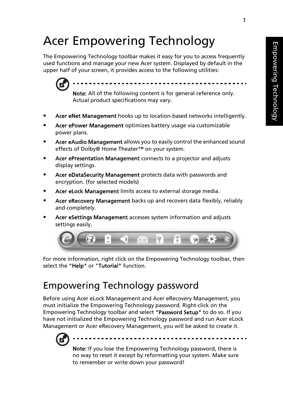 Acer empowering technology, Empowering technology password | Acer Aspire 5720Z User Manual | Page 21 / 119