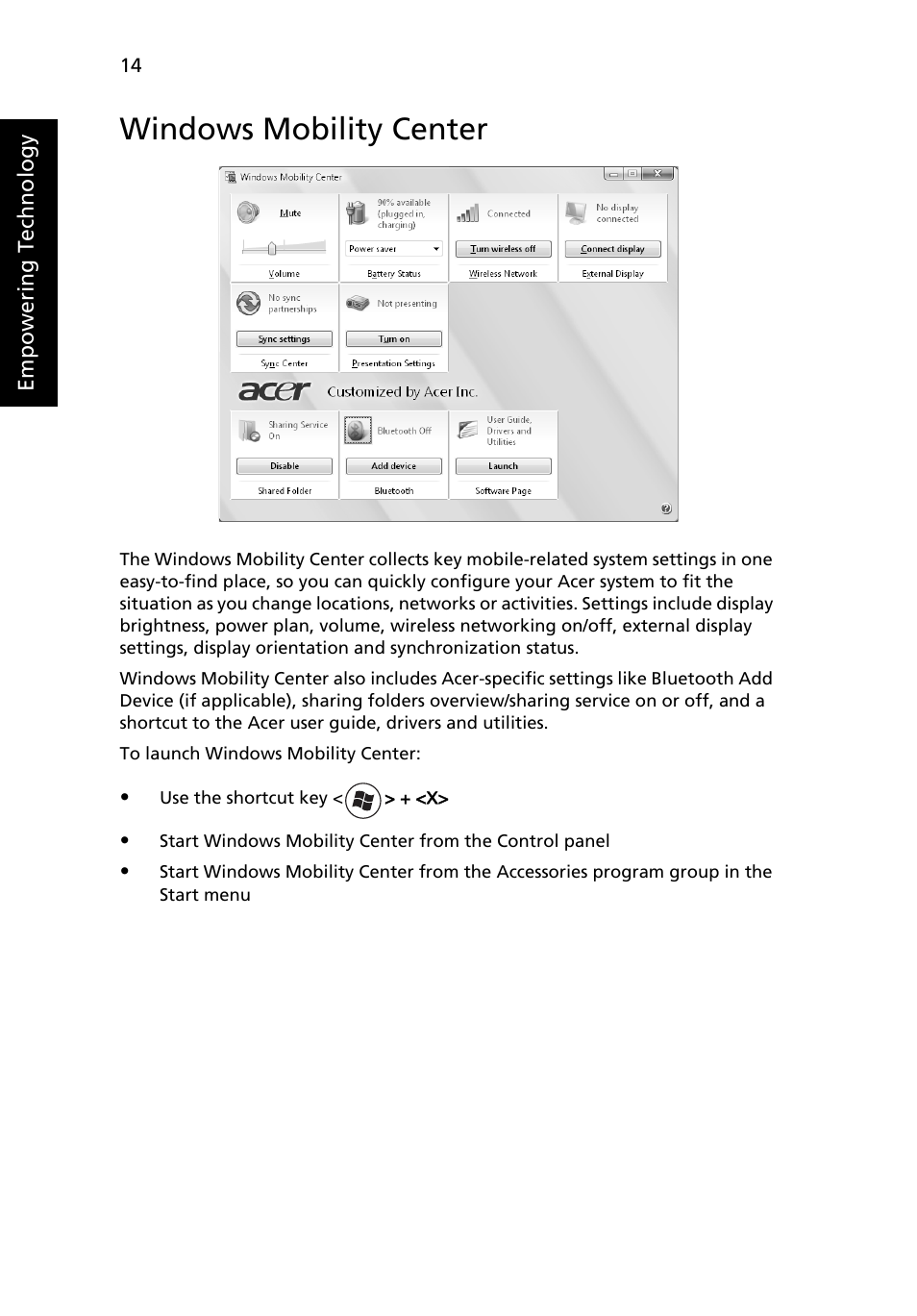 Windows mobility center | Acer Aspire 5720Z User Manual | Page 34 / 119