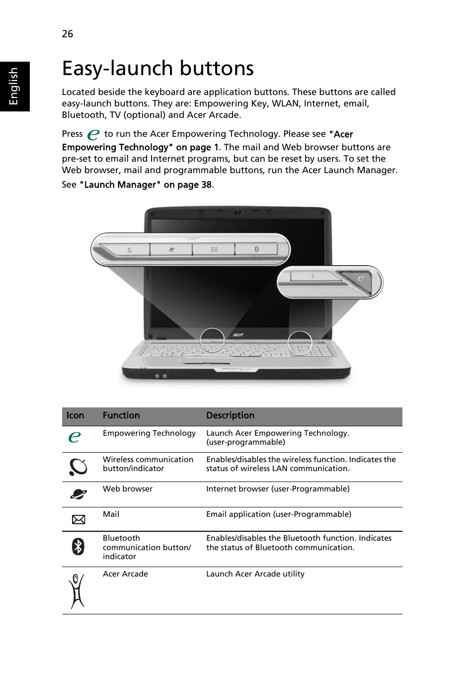 Easy-launch buttons, English | Acer Aspire 5720Z User Manual | Page 46 / 119