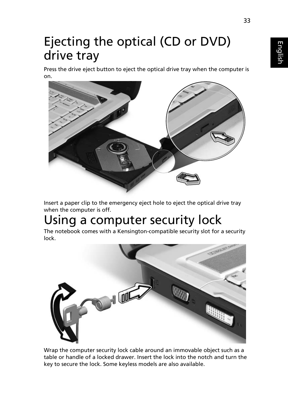 Ejecting the optical (cd or dvd) drive tray, Using a computer security lock | Acer Aspire 5720Z User Manual | Page 53 / 119