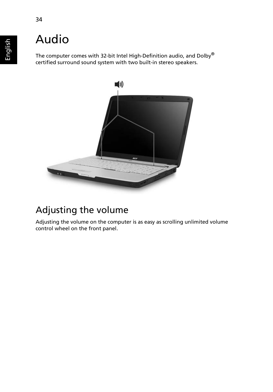 Audio, Adjusting the volume | Acer Aspire 5720Z User Manual | Page 54 / 119