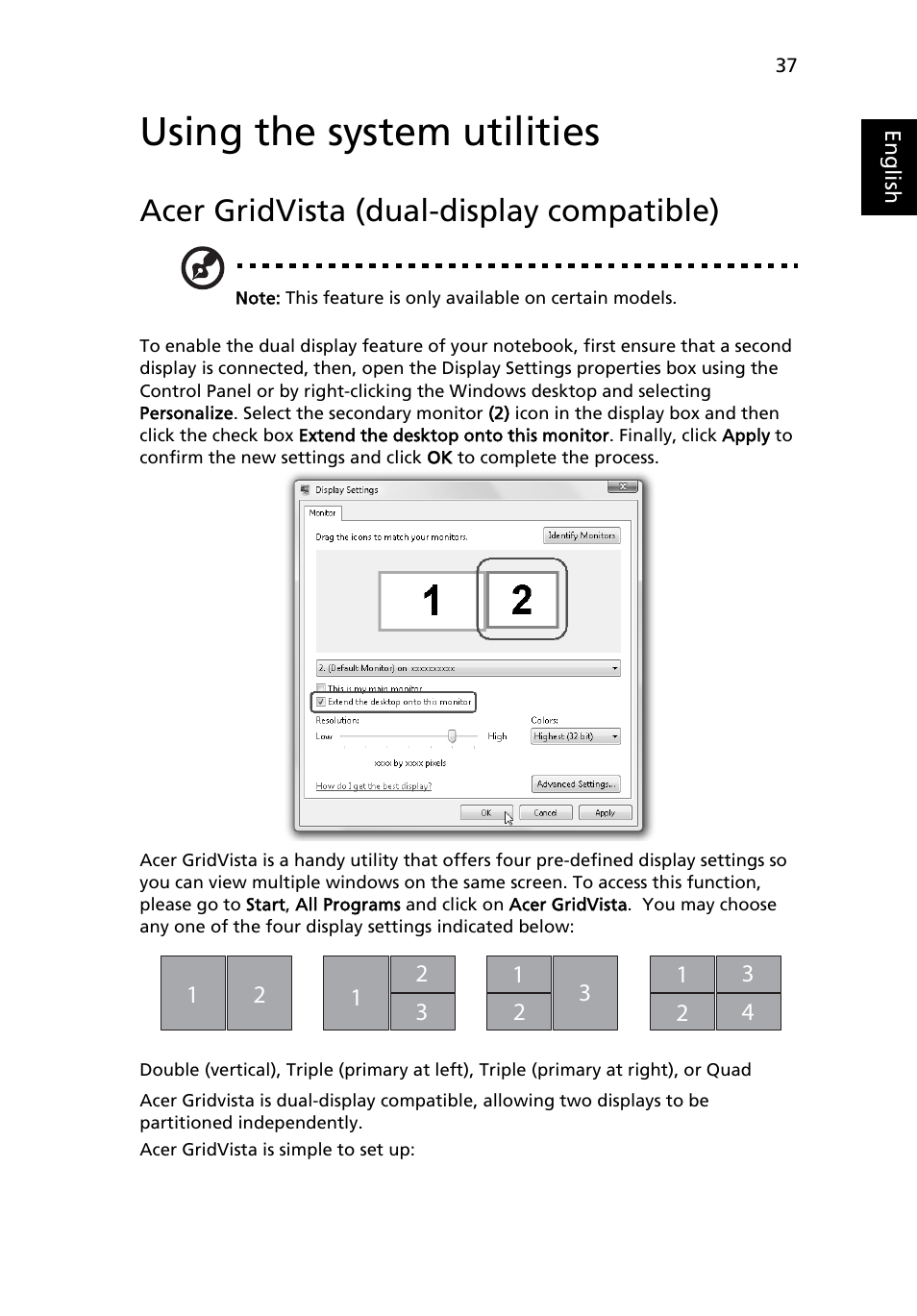 Using the system utilities, Acer gridvista (dual-display compatible) | Acer Aspire 5720Z User Manual | Page 57 / 119