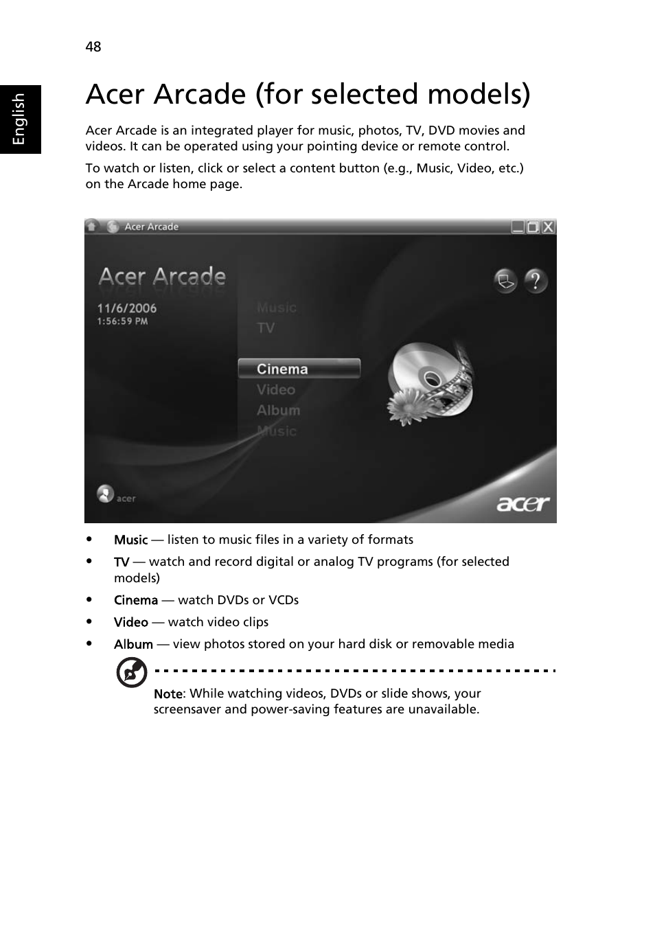 Acer arcade (for selected models), Finding and playing content | Acer Aspire 5720Z User Manual | Page 68 / 119