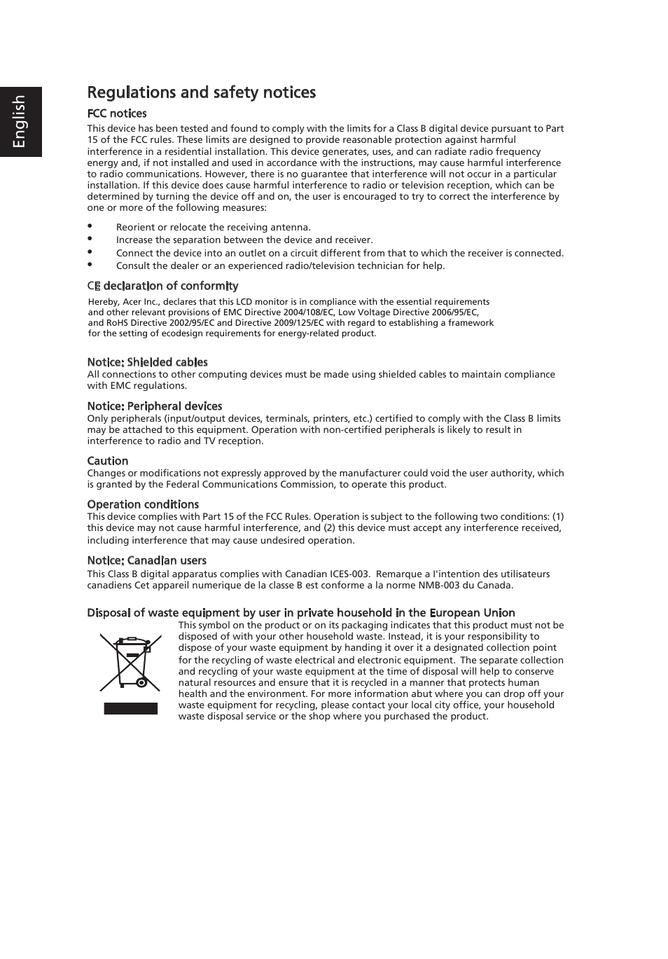 Engli sh regulations and safety notices | Acer S211HL User Manual | Page 2 / 2