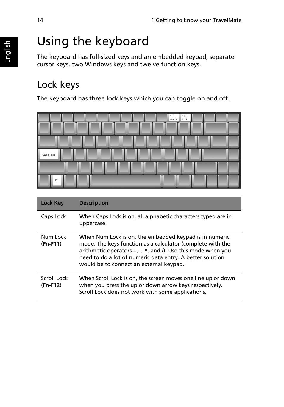 Using the keyboard, Lock keys | Acer TravelMate 3200 User Manual | Page 22 / 94