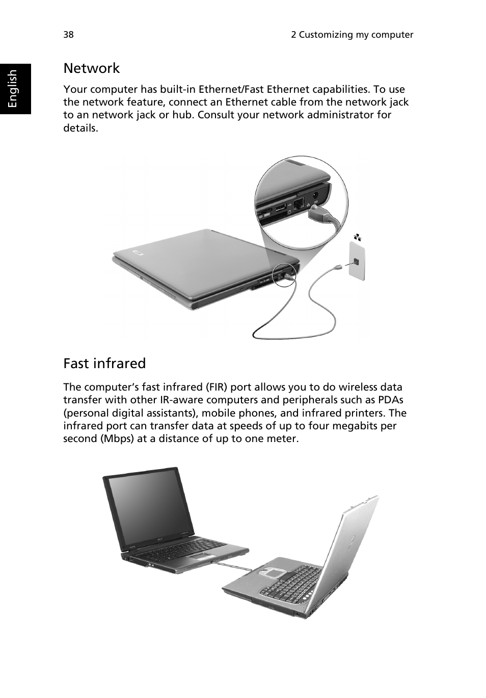 Network, Fast infrared | Acer TravelMate 3200 User Manual | Page 46 / 94