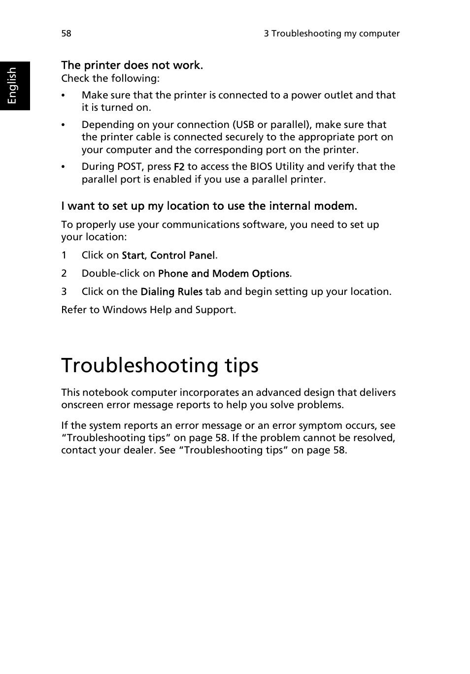 Troubleshooting tips | Acer TravelMate 3200 User Manual | Page 66 / 94