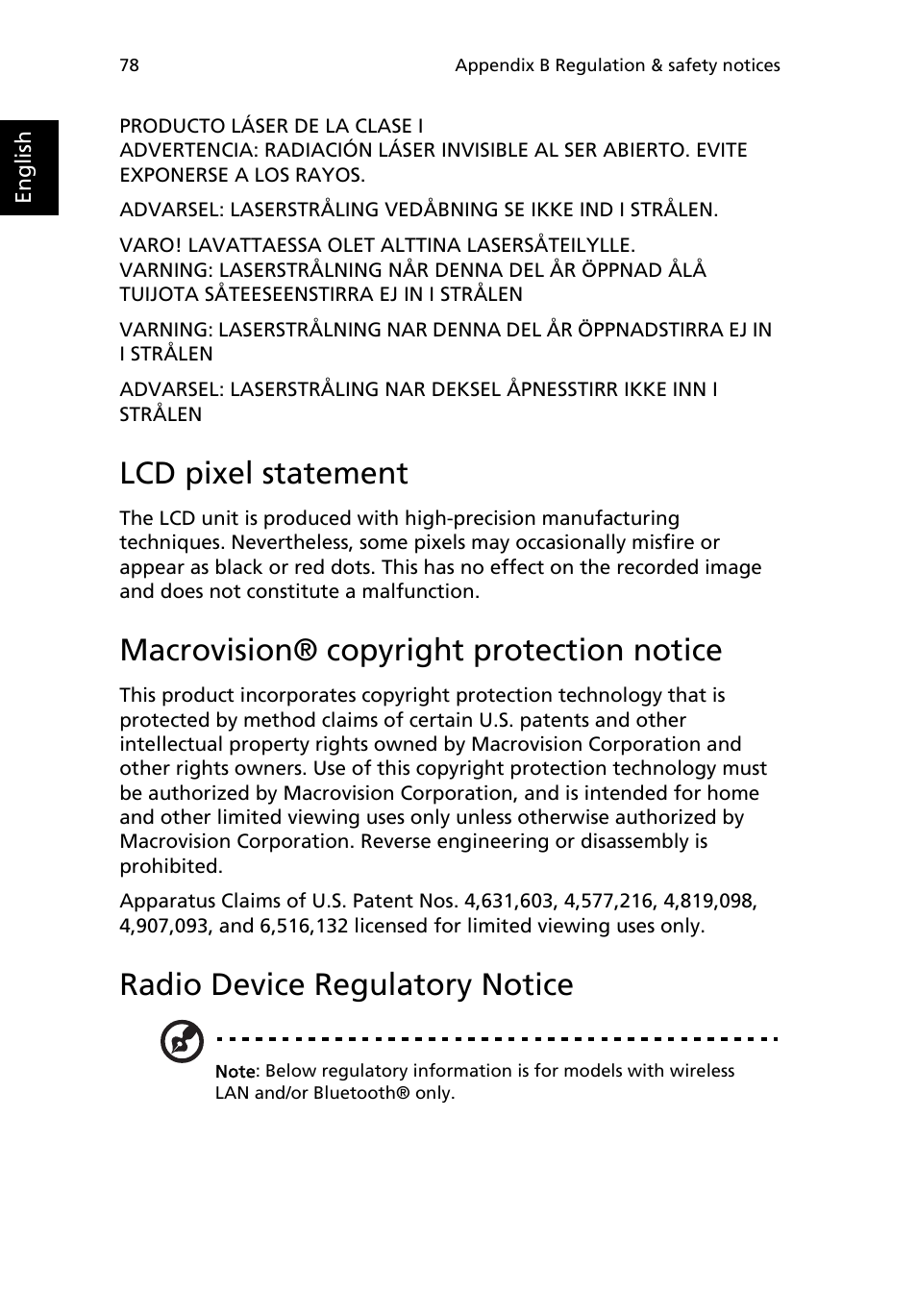 Lcd pixel statement, Macrovision® copyright protection notice, Radio device regulatory notice | Acer TravelMate 3200 User Manual | Page 86 / 94