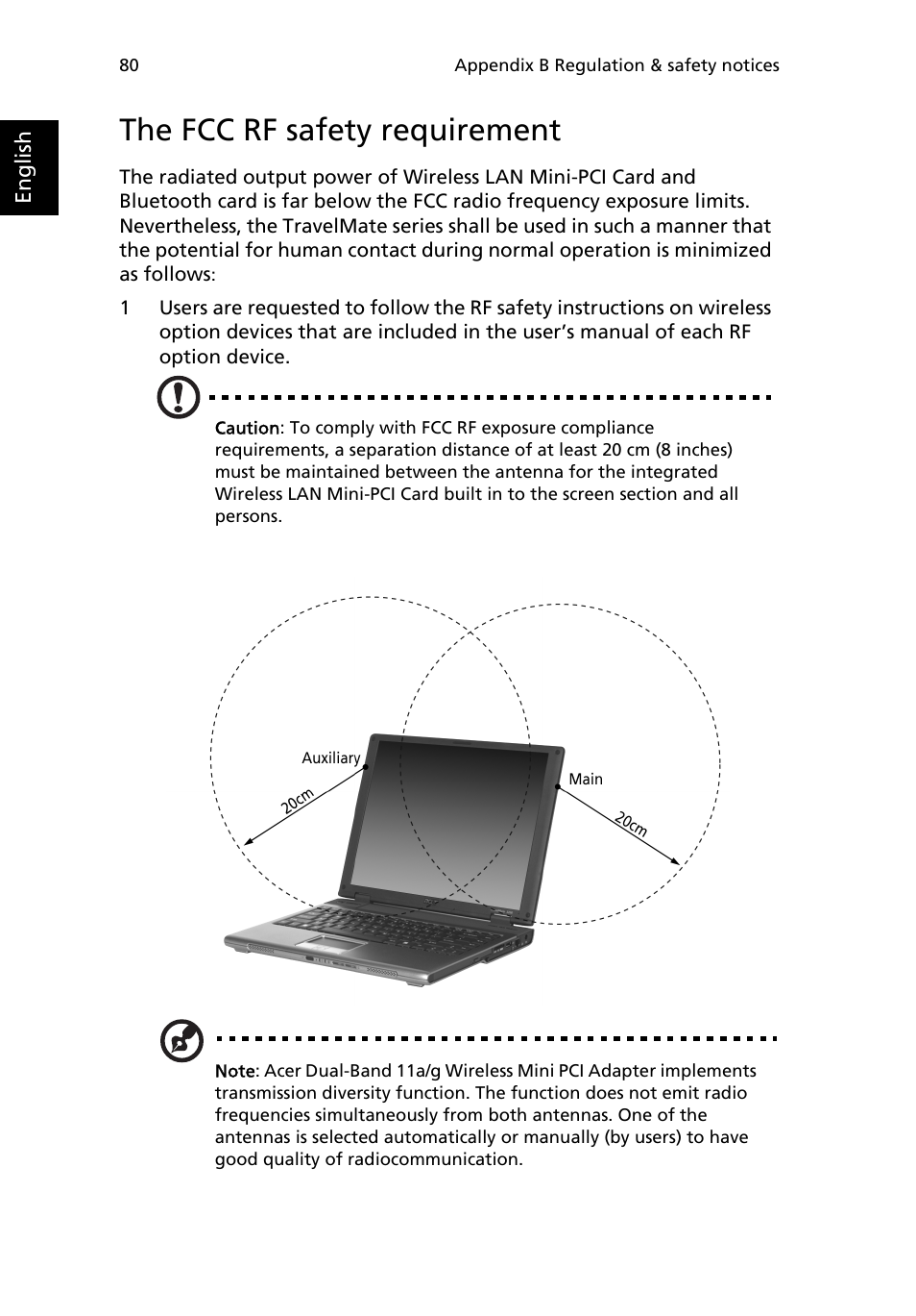 The fcc rf safety requirement | Acer TravelMate 3200 User Manual | Page 88 / 94