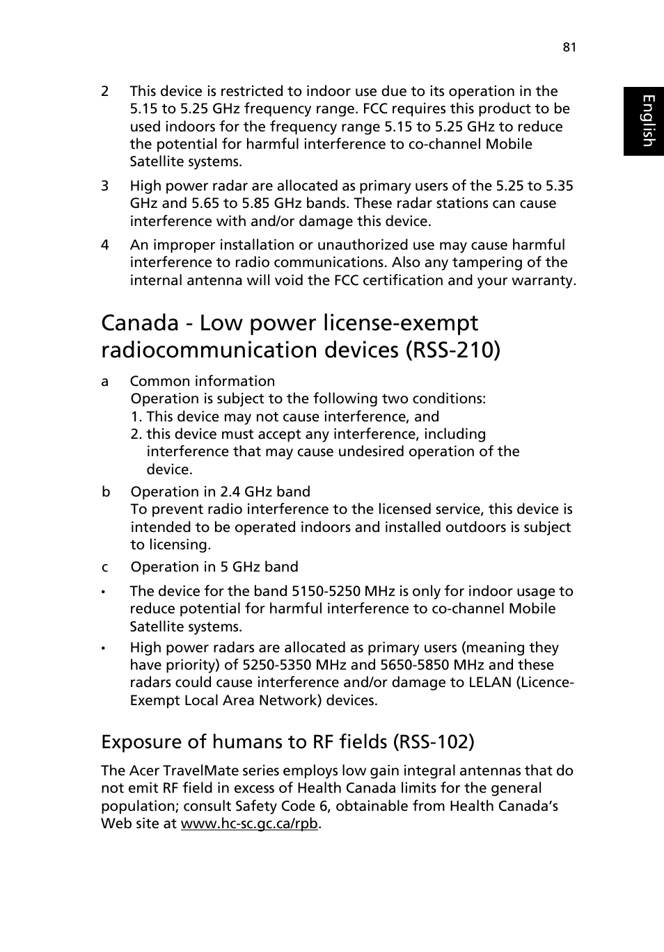 Exposure of humans to rf fields (rss-102) | Acer TravelMate 3200 User Manual | Page 89 / 94