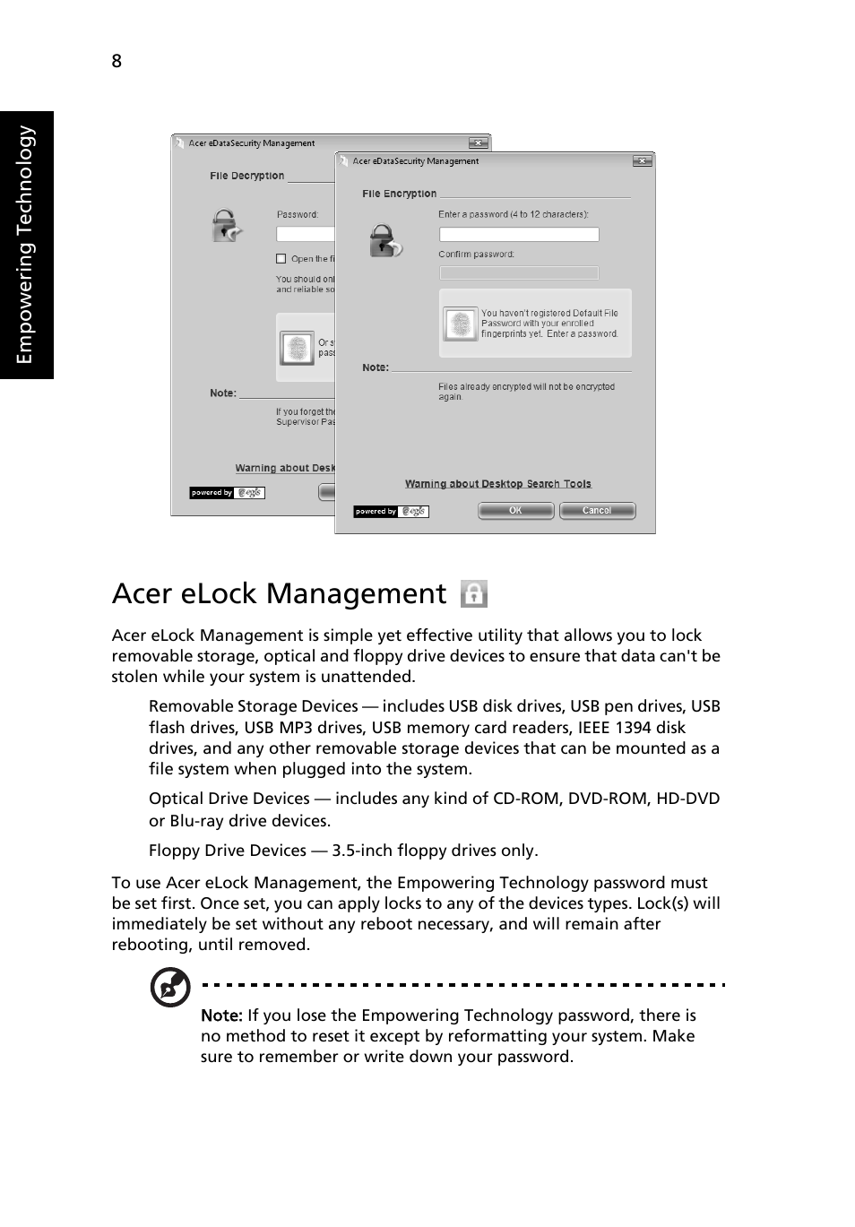 Acer elock management | Acer TravelMate 7520 User Manual | Page 26 / 98