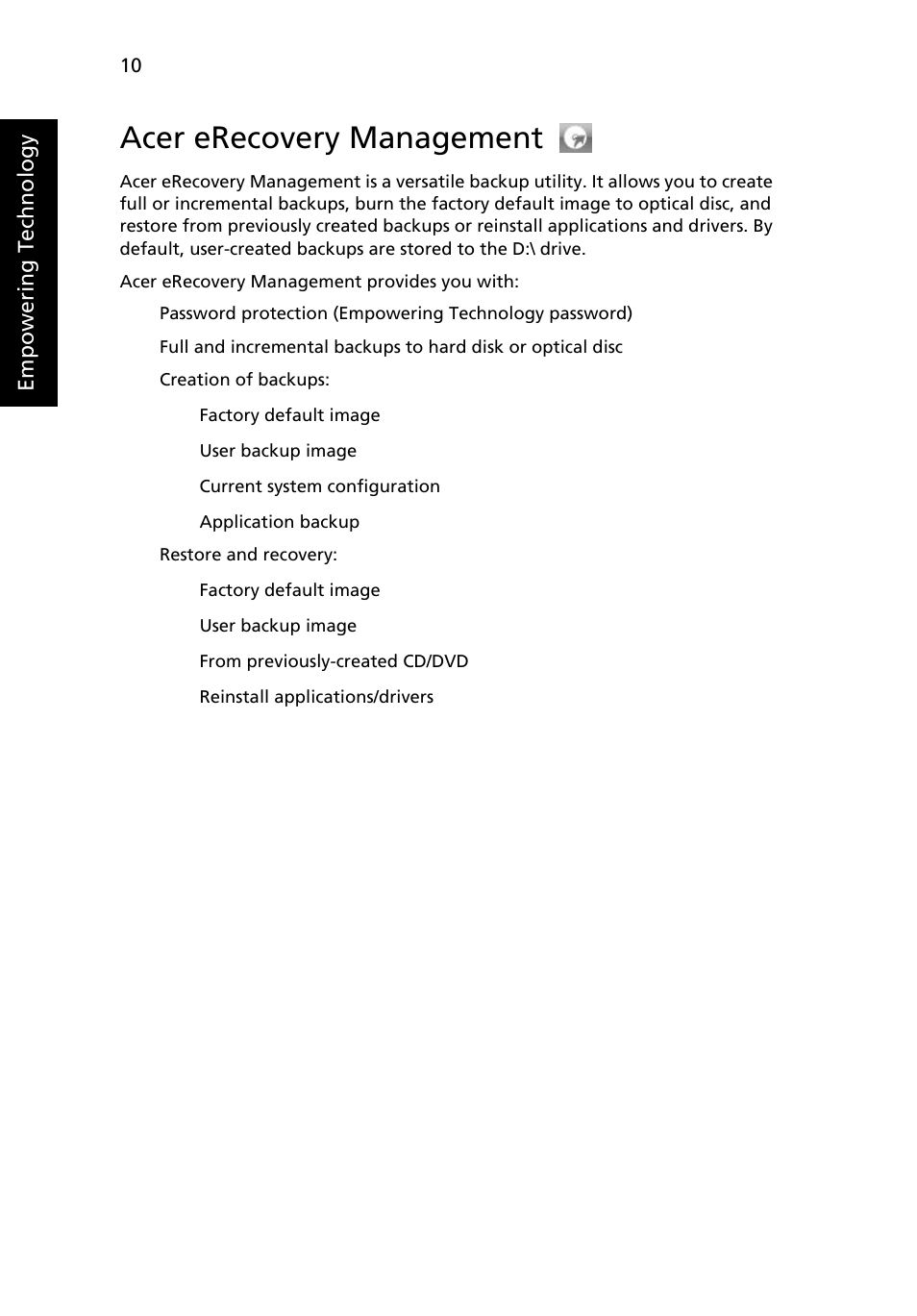 Acer erecovery management | Acer TravelMate 7520 User Manual | Page 28 / 98