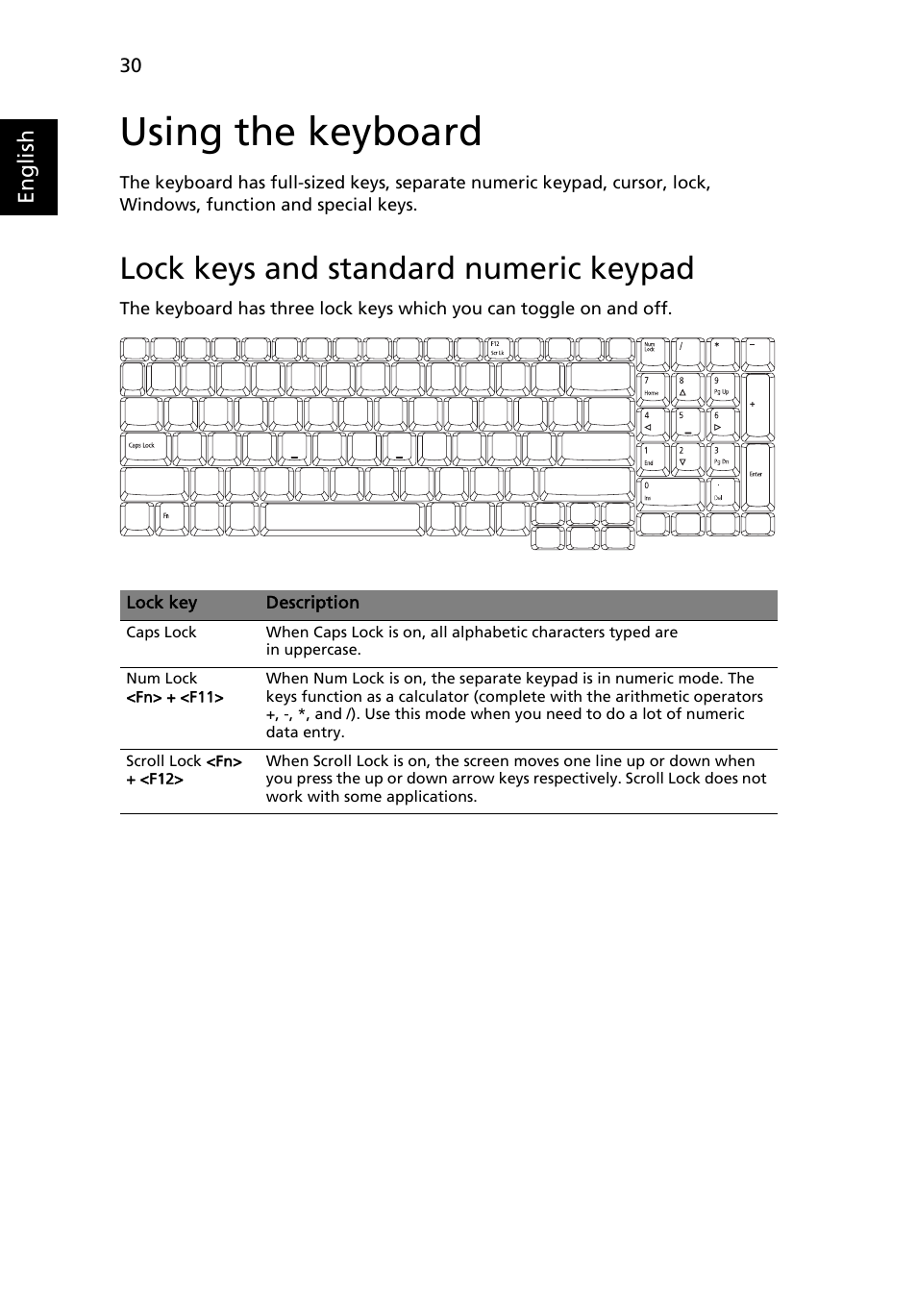 Using the keyboard, Lock keys and standard numeric keypad | Acer TravelMate 7520 User Manual | Page 48 / 98