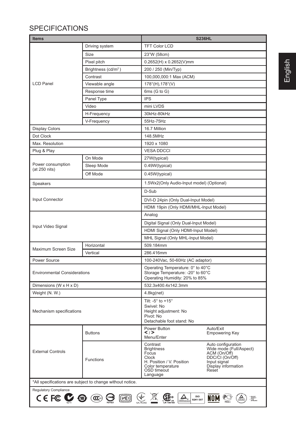 English specifications | Acer S236HL User Manual | Page 3 / 5