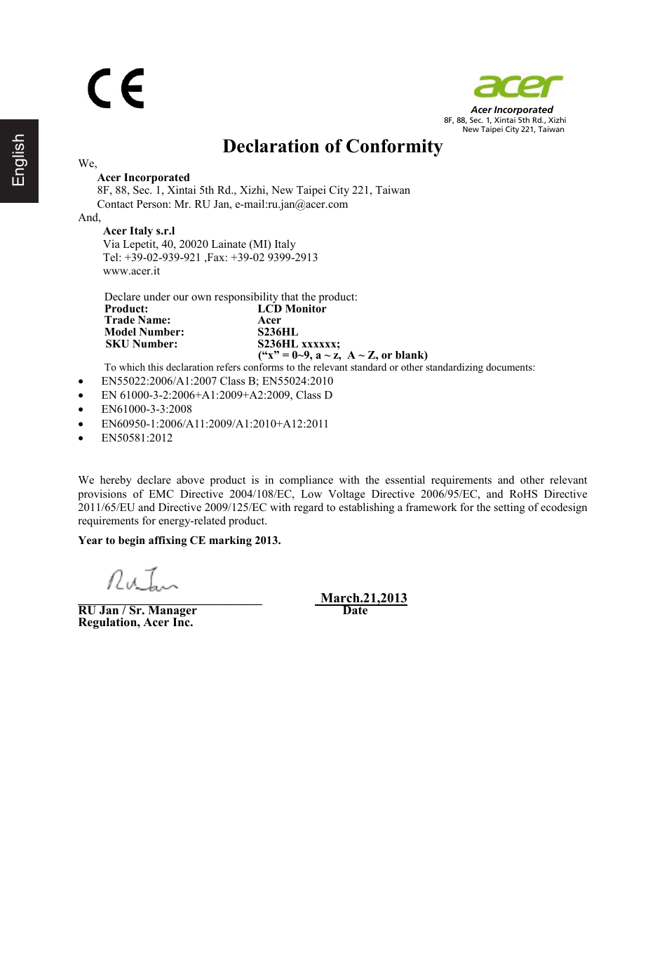 Declaration of conformity, English | Acer S236HL User Manual | Page 4 / 5