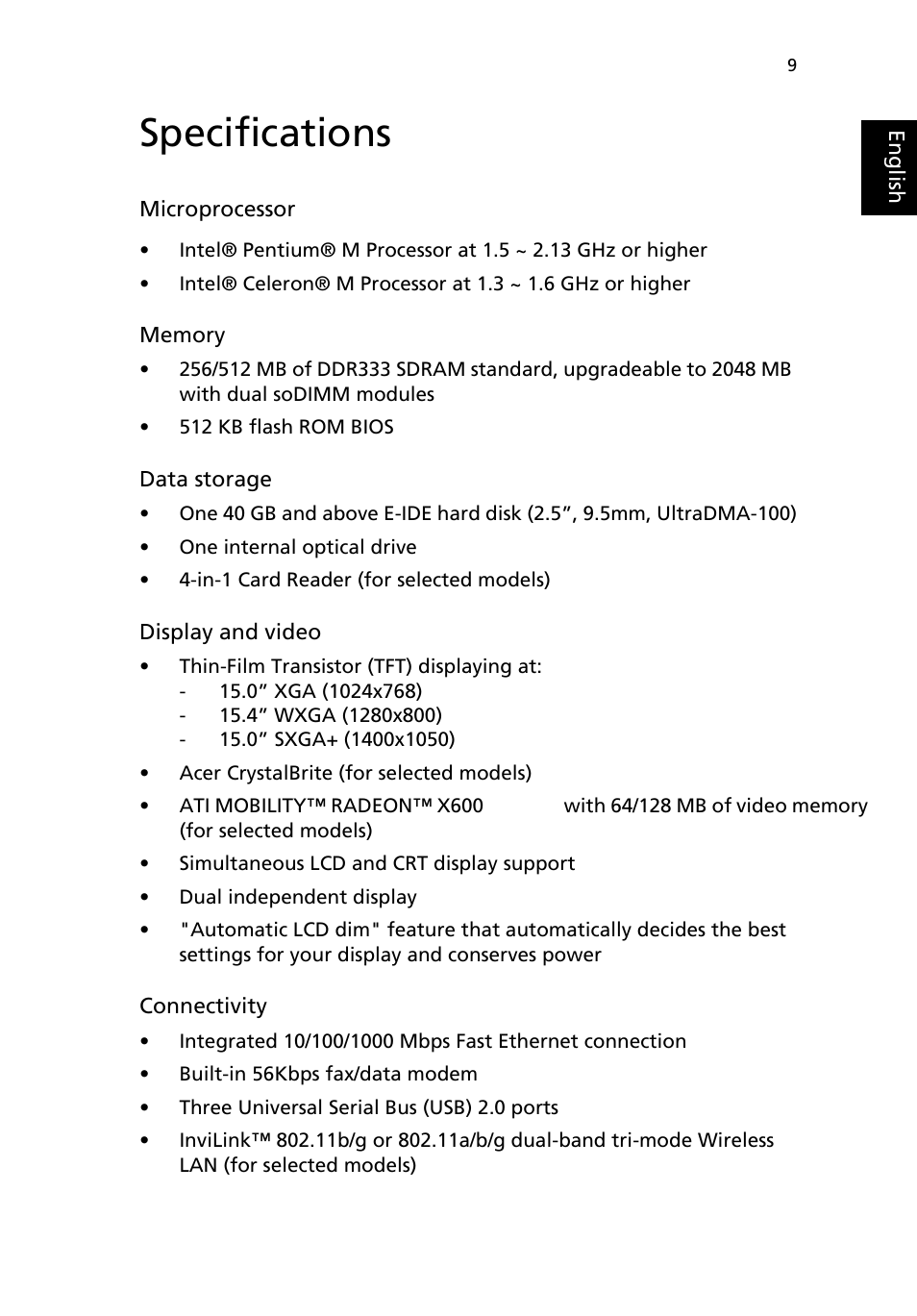 Specifications | Acer Aspire 1690 User Manual | Page 19 / 96