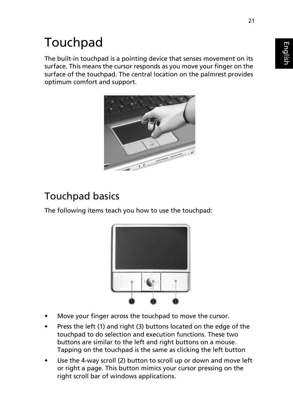 Touchpad, Touchpad basics | Acer Aspire 1690 User Manual | Page 31 / 96