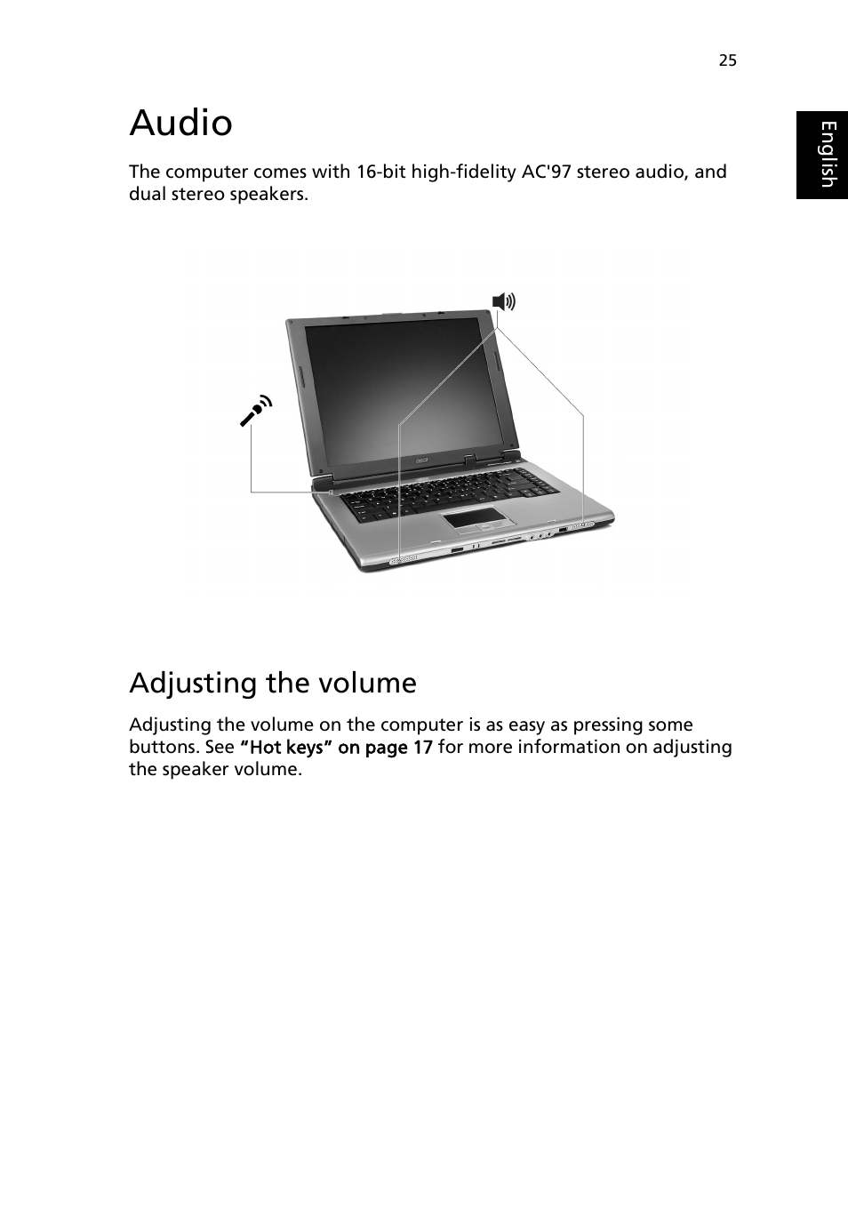 Audio, Adjusting the volume | Acer Aspire 1690 User Manual | Page 35 / 96