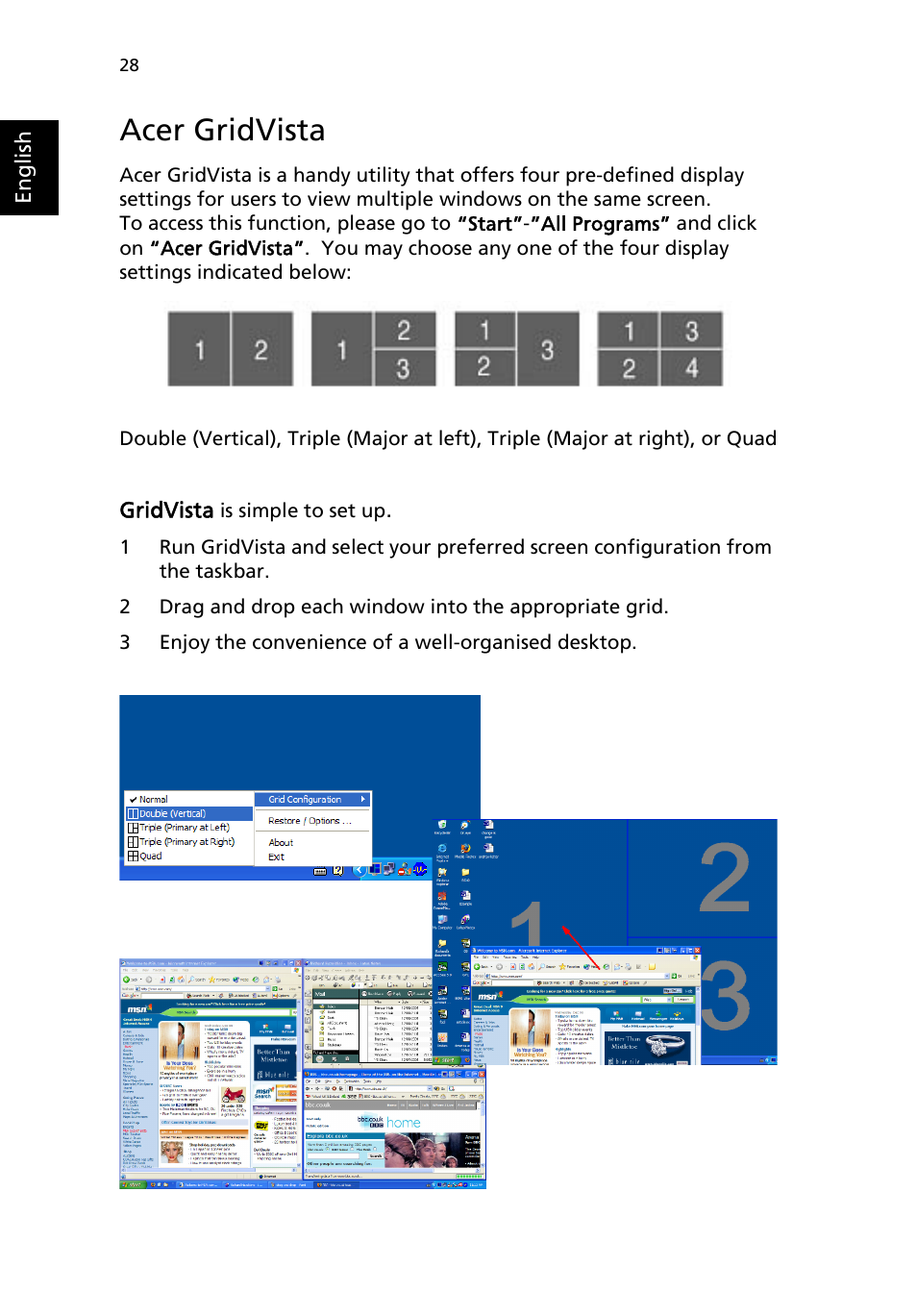 Acer gridvista, Acer gridvista (for selected models) | Acer Aspire 1690 User Manual | Page 38 / 96