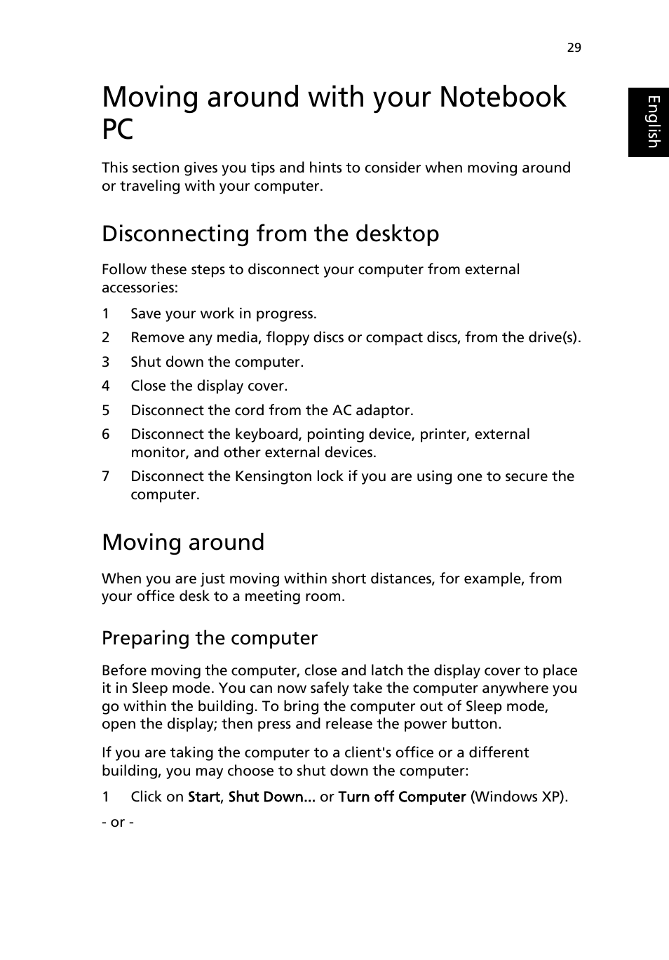 Moving around with your notebook pc, Disconnecting from the desktop, Moving around | Preparing the computer | Acer Aspire 1690 User Manual | Page 39 / 96