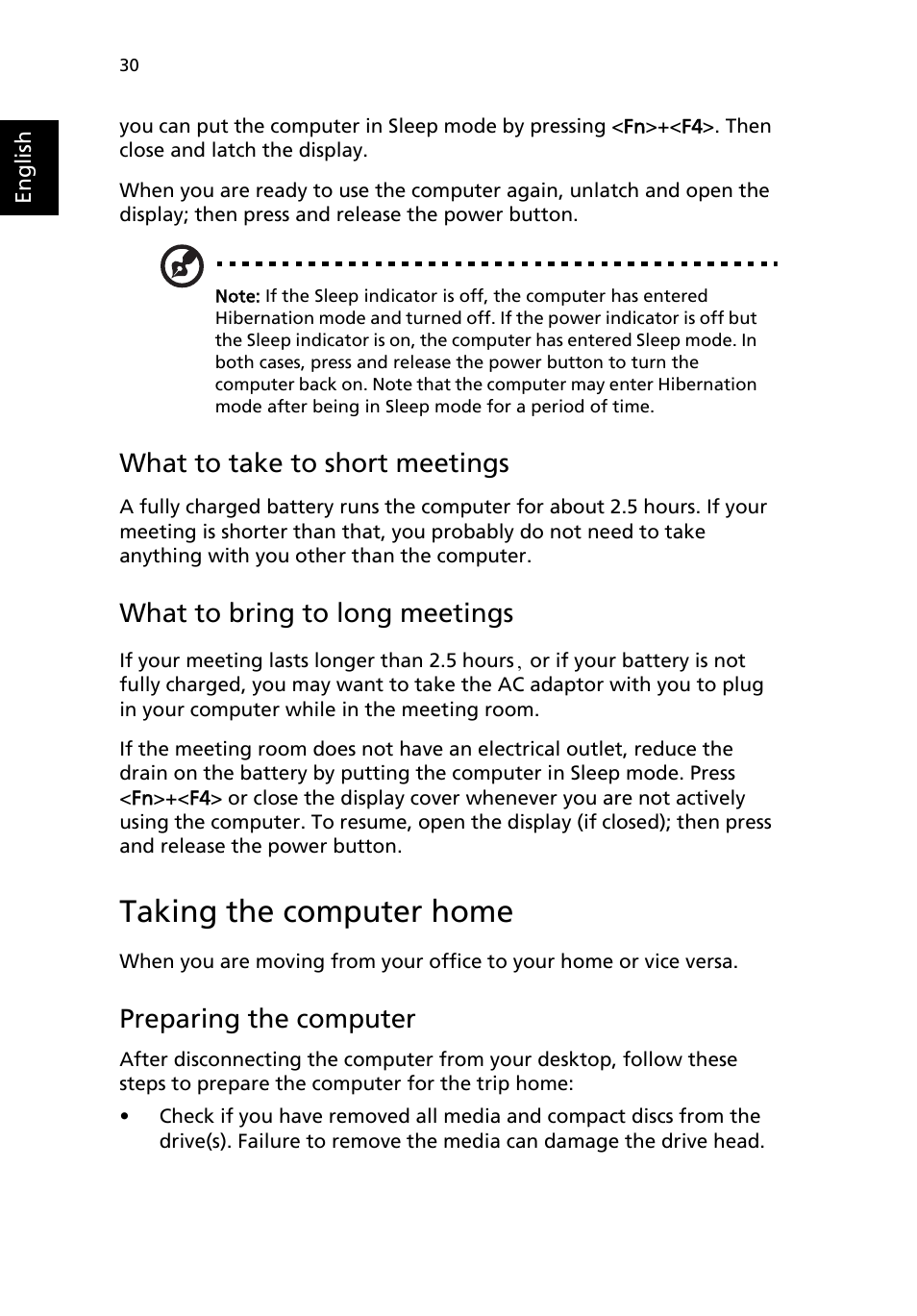 Taking the computer home, What to take to short meetings, What to bring to long meetings | Preparing the computer | Acer Aspire 1690 User Manual | Page 40 / 96