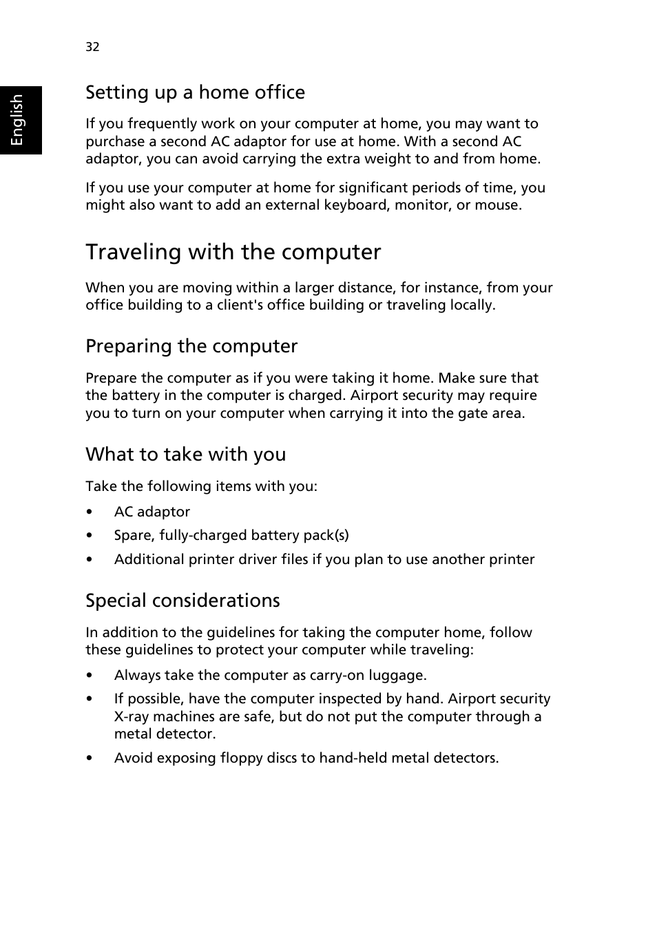Traveling with the computer, Setting up a home office, Preparing the computer | What to take with you, Special considerations | Acer Aspire 1690 User Manual | Page 42 / 96