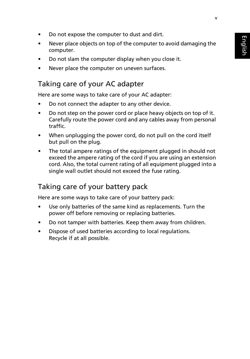 Taking care of your ac adapter, Taking care of your battery pack | Acer Aspire 1690 User Manual | Page 5 / 96