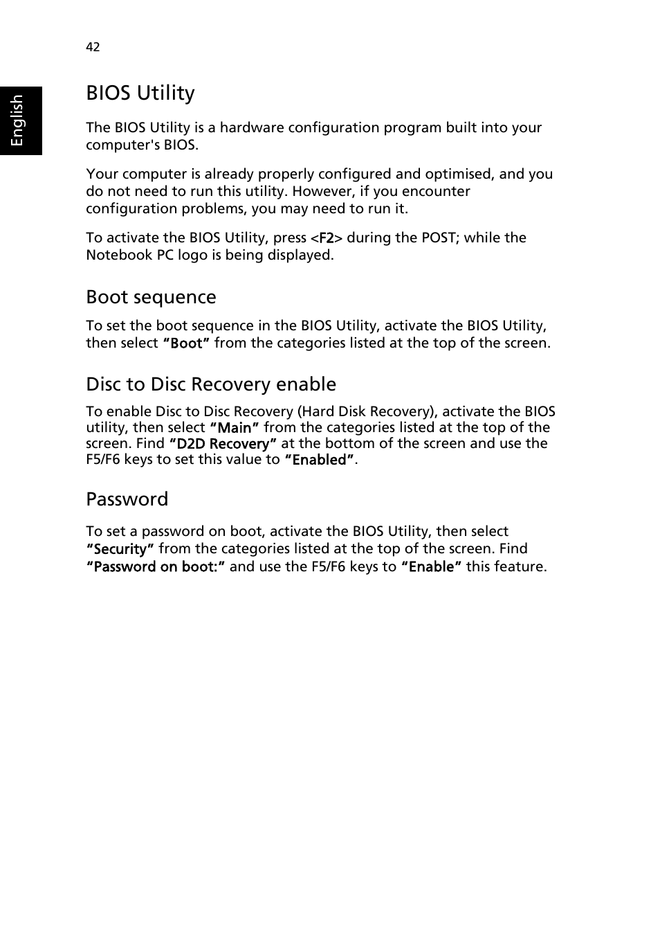 Bios utility, Boot sequence, Disc to disc recovery enable | Password | Acer Aspire 1690 User Manual | Page 52 / 96