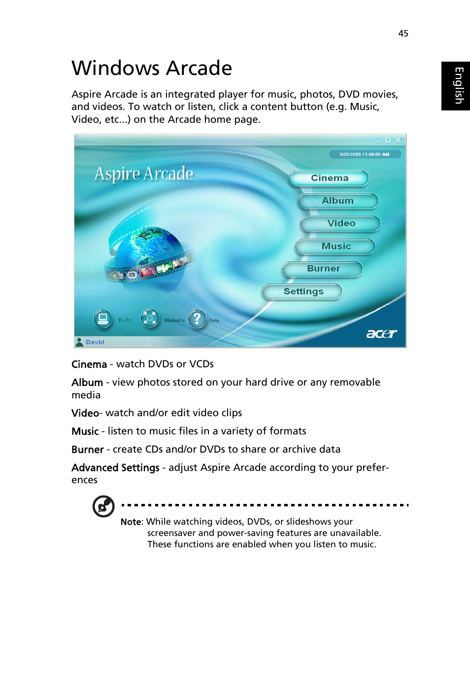 Windows arcade, Windows arcade (for selected models) | Acer Aspire 1690 User Manual | Page 55 / 96