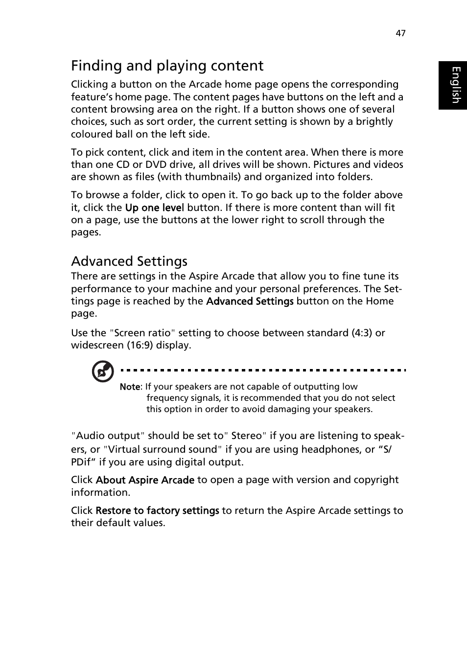 Finding and playing content, Advanced settings | Acer Aspire 1690 User Manual | Page 57 / 96