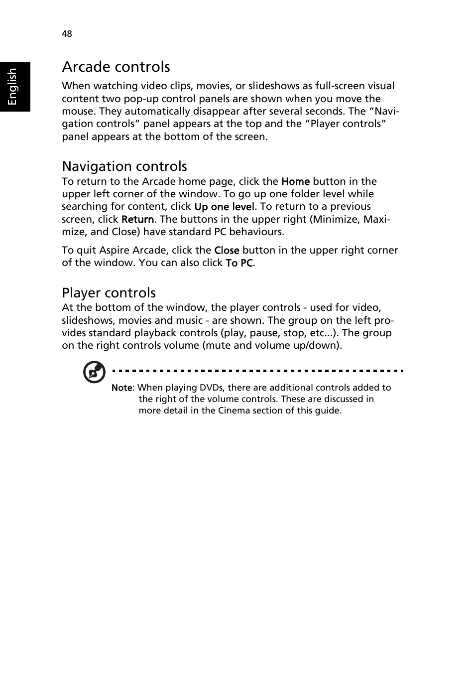 Arcade controls, Navigation controls, Player controls | Acer Aspire 1690 User Manual | Page 58 / 96