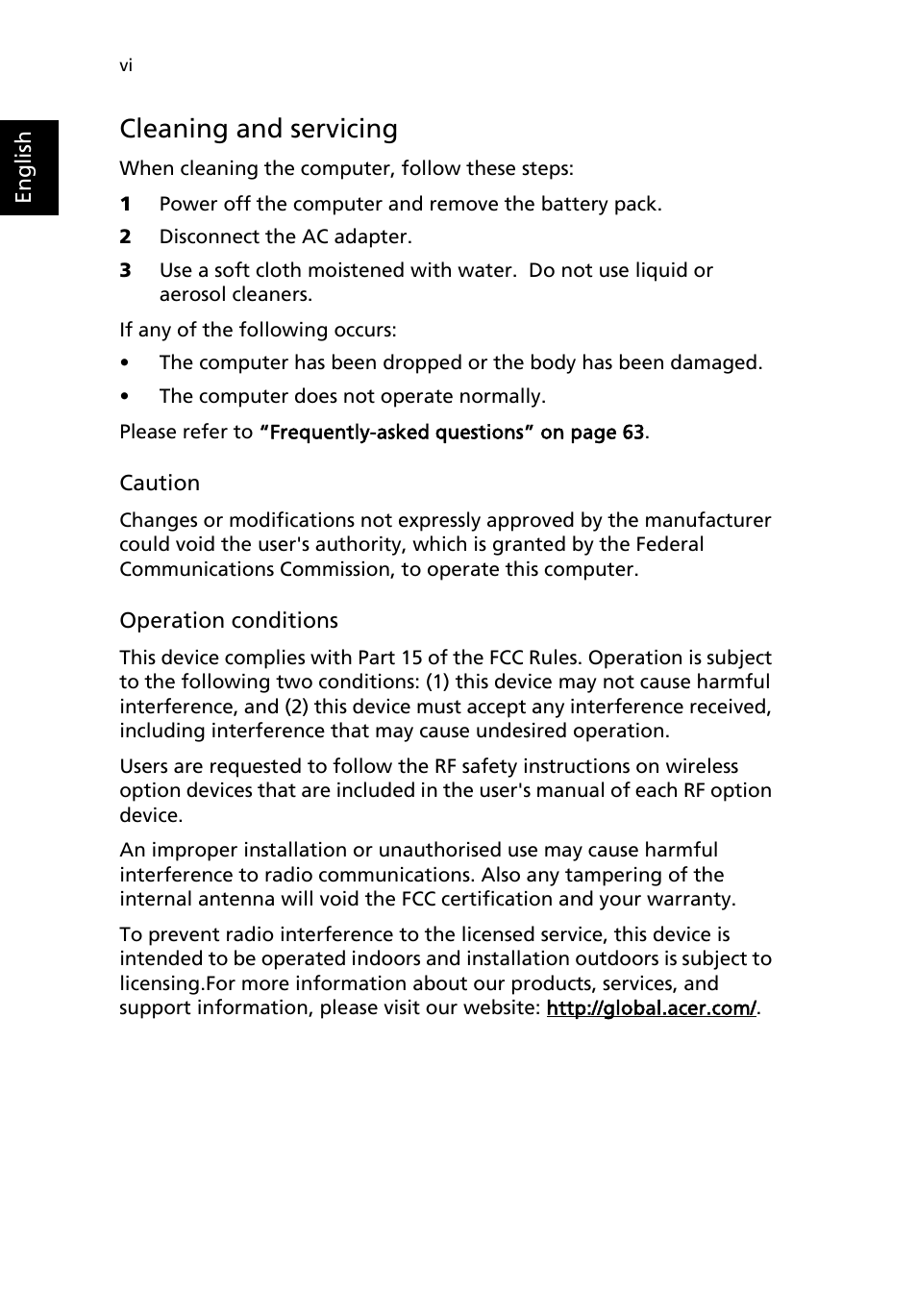Cleaning and servicing | Acer Aspire 1690 User Manual | Page 6 / 96