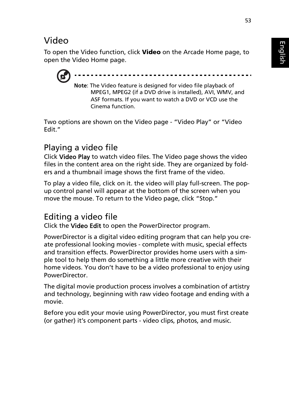 Video, Playing a video file, Editing a video file | Acer Aspire 1690 User Manual | Page 63 / 96