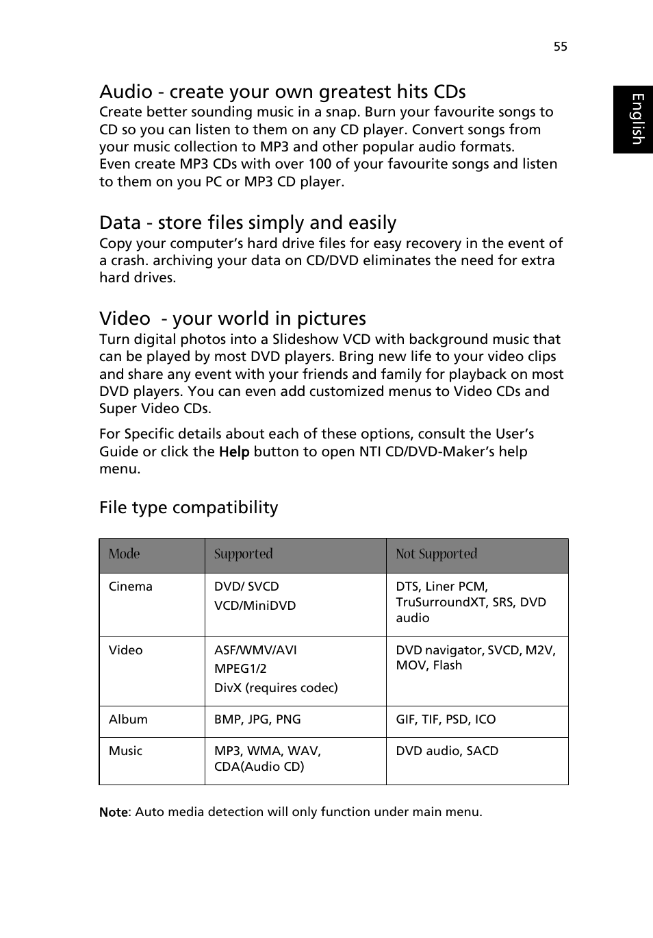 Audio - create your own greatest hits cds, Data - store files simply and easily, Video - your world in pictures | File type compatibility | Acer Aspire 1690 User Manual | Page 65 / 96