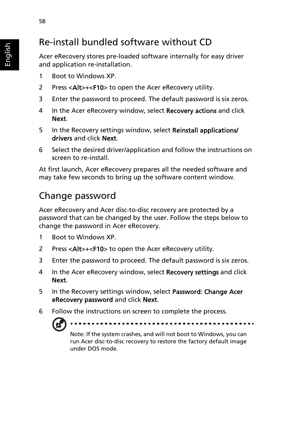 Re-install bundled software without cd, Change password | Acer Aspire 1690 User Manual | Page 68 / 96