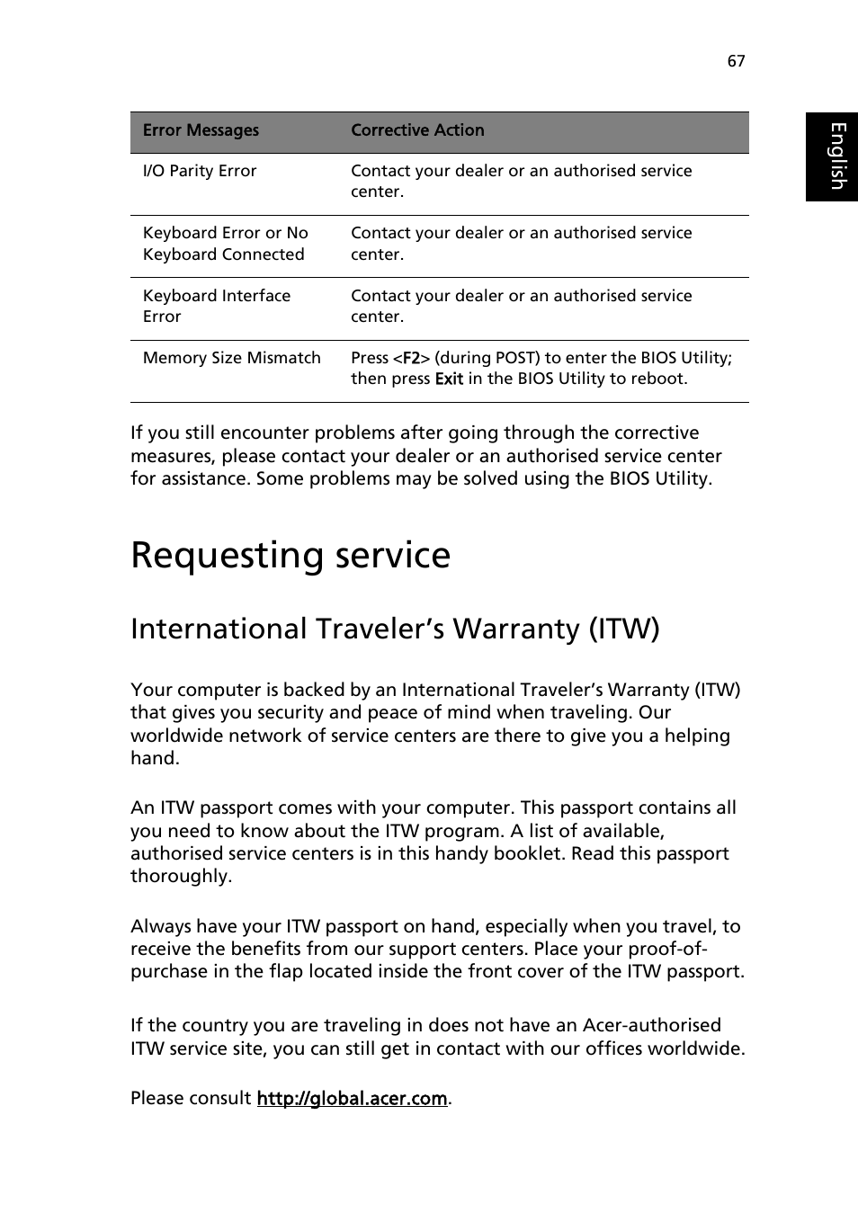 Requesting service, International traveler’s warranty (itw) | Acer Aspire 1690 User Manual | Page 77 / 96