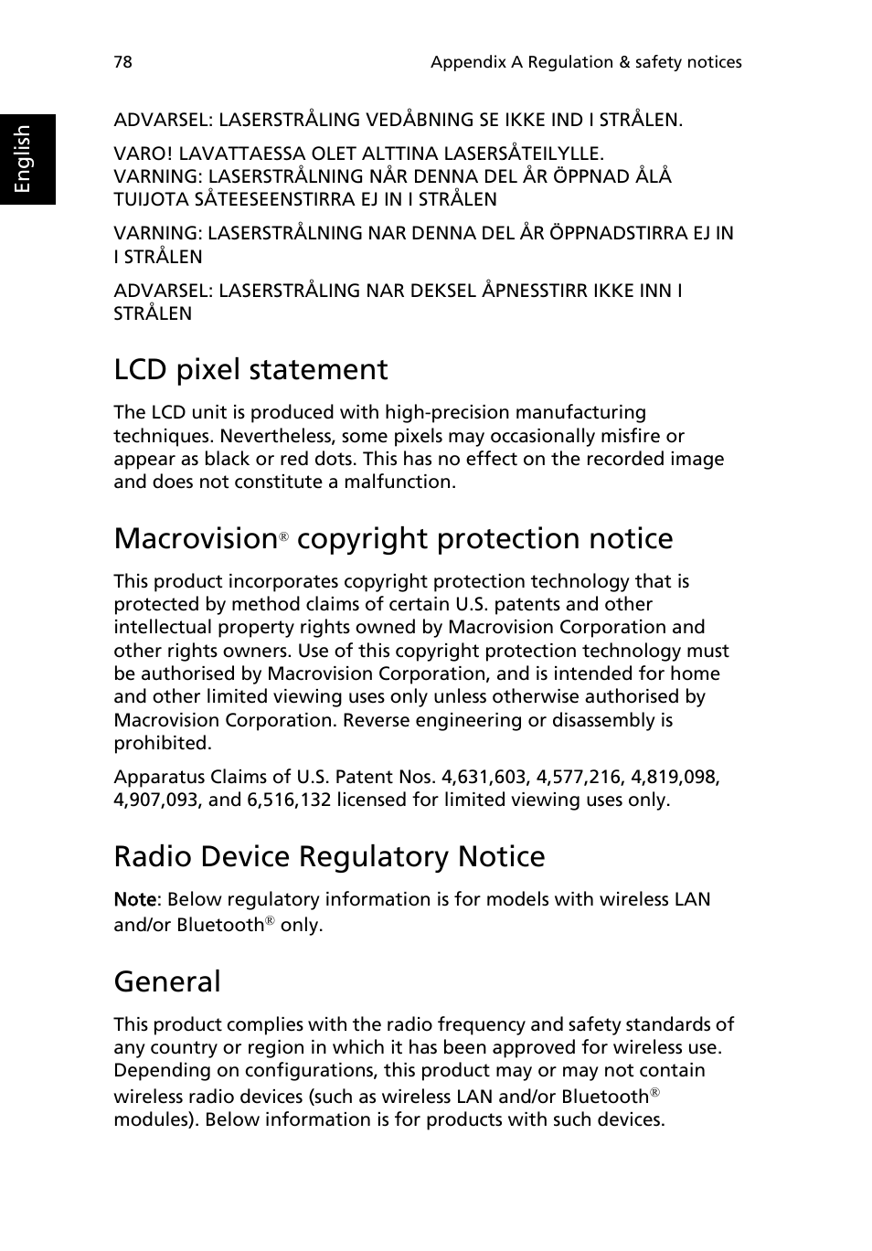 Lcd pixel statement, Macrovision® copyright protection notice, Radio device regulatory notice | General, Macrovision, Copyright protection notice | Acer Aspire 1690 User Manual | Page 88 / 96